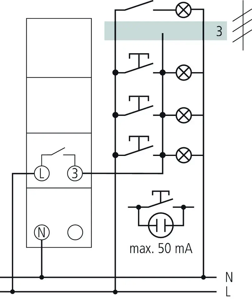 Drehschalter mit Anschlussmöglichkeiten für drei Leitungen. Geeignet für den Einsatz mit dem Theben Treppenlicht-Zeitschalter. Maximaler Strom von 50 mA.