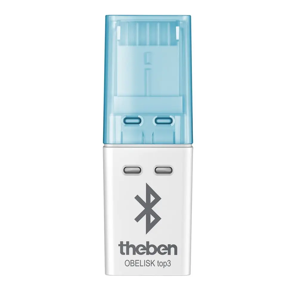 Bluetooth-Zubehör von Theben in kompaktem Design mit blauer Abdeckung und zwei Anschlüssen.