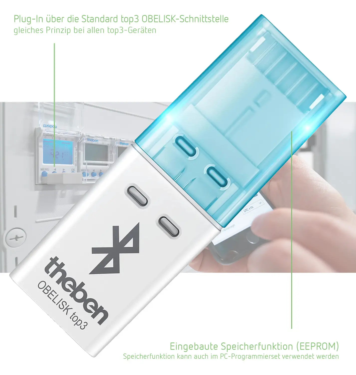 Bluetooth-Dongle von Theben, plug-in über OBELISK-Schnittstelle, mit integrierter Speicherfunktion (EEPROM) zur Nutzung mit top3-Geräten.
