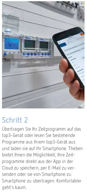 Smartphone, das eine App zur Übertragung von Zeitprogrammen an ein Gerät zeigt. Im Hintergrund sind digitale Messgeräte von Theben zu sehen.