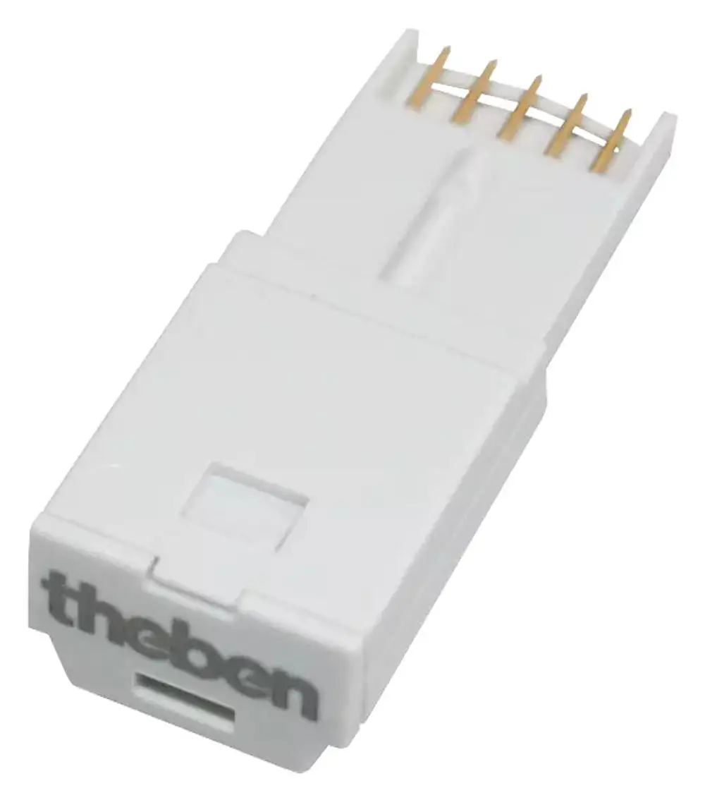Weißes Bauteil mit goldenen Kontakten, auf einer Seite mit dem Schriftzug "theben" versehen. Es hat eine flache Form und dient wahrscheinlich zur elektrischen Verbindung.