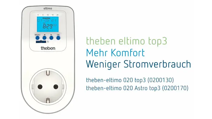 Digitale Steckdosen-Zeitschaltuhr von Theben mit Display, Tasten zur Programmierung und Schuko-Steckdose für Timer-Einstellungen und Stromverbrauchsmanagement.