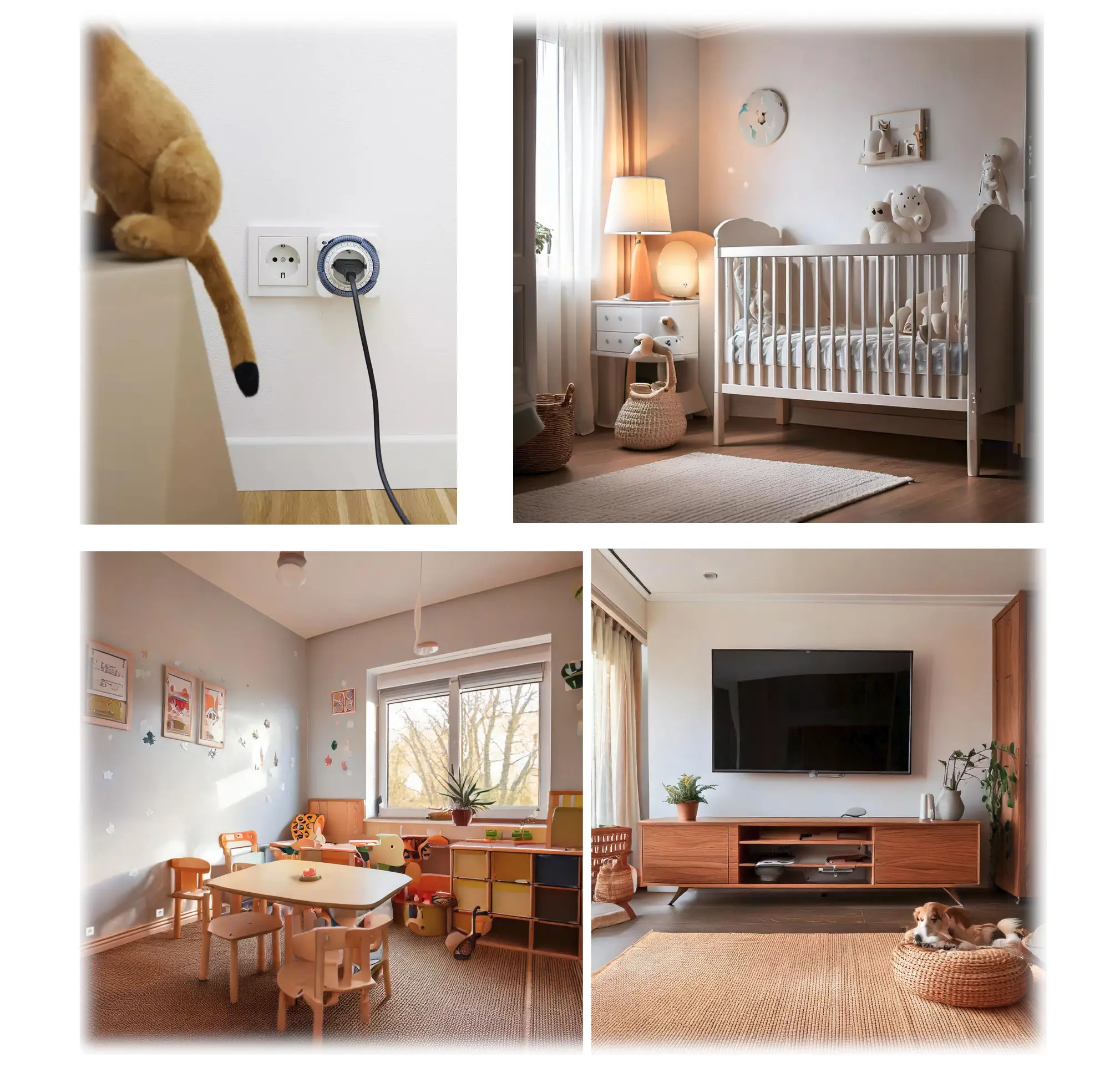 Weißer mechanischer Timer von Theben für Steckdosen mit Berührungsschutz, montiert an einer Wand, neben einem Spielzeug auf einem Holztisch in einem Kinderzimmer.