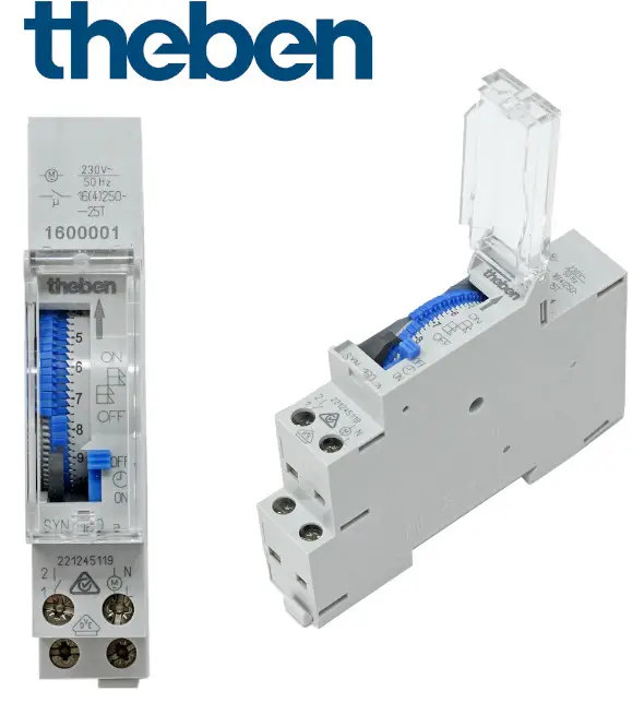 Theben Zeitschaltuhr mit skaliertem Einstellrad, montierbar auf einer Hutschiene, für netzbasierte Anwendungen, mechanisch. Anschlussklemmen an der Unterseite sichtbar.