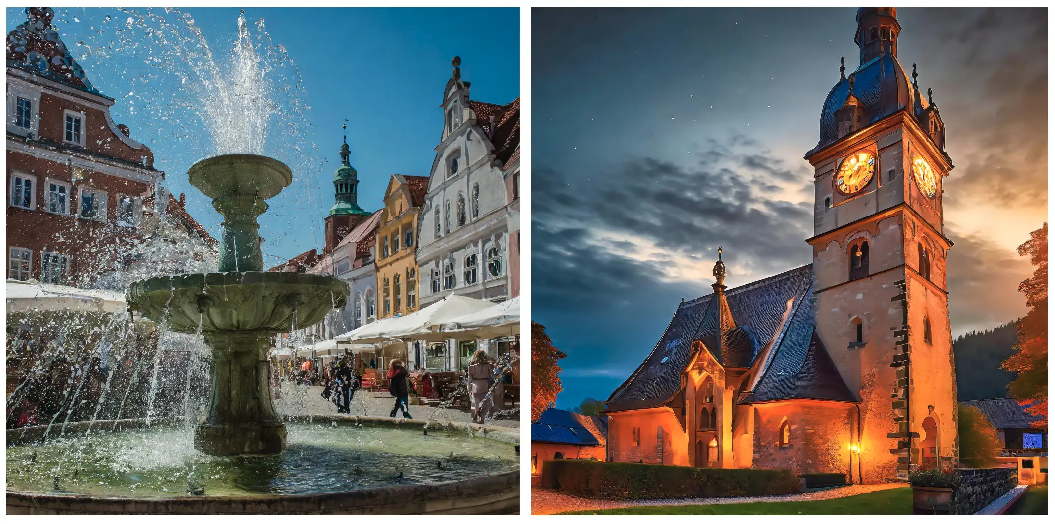 Brunnen auf dem Platz mit sprudelndem Wasser und umgebenden historischen Gebäuden im Hintergrund. Angelegter Platz mit Cafés und Besuchern bei Tageslicht.