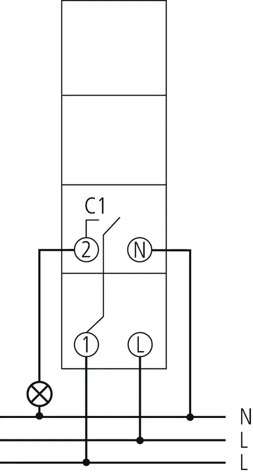 Erdungsanschluss und Anschlussklemmen für eine mechanische Zeitschaltuhr der Marke Theben, für Netzbetrieb auf einer DIN-Schiene, mit einer grafischen Darstellung der Schaltverdrahtung.