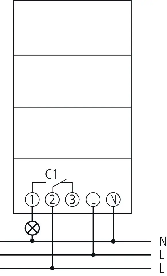 Mechanische Zeitschaltuhr zur DIN-Schienenmontage von Theben, mit Anschlüssen für L und N sowie Steuerung über Kontakte, geeignet für netzsynchronisierte Systeme.
