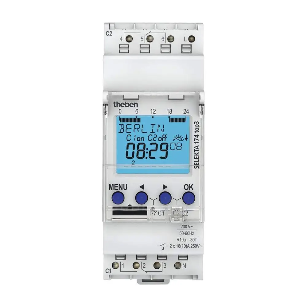 Theben Steuergerät mit digitalem Display zur Programmierung, zwei Kanälen, Tasten zur Menübedienung und Anschlussklemmen für elektrische Installation auf DIN-Schiene.