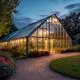 Glasgewächshaus mit transparenten Wänden und beleuchtetem Innenraum, umgeben von bunten Blumen und einem geschwungenen Gehweg im Abendlicht.