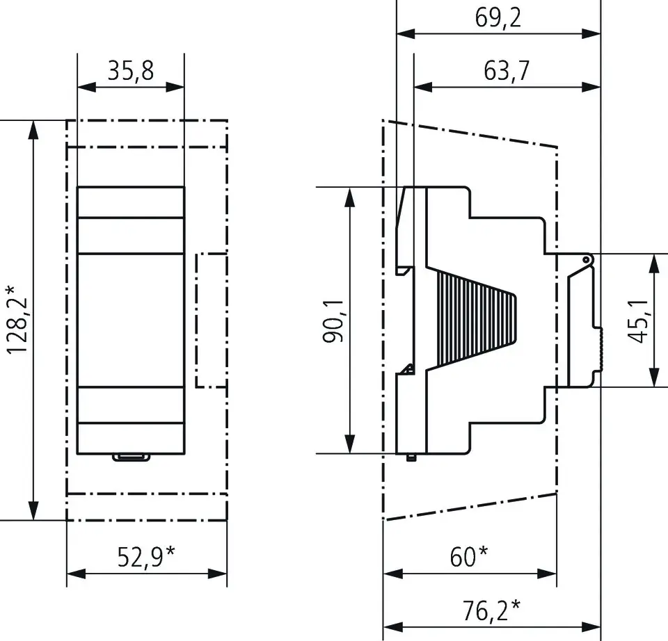 Technische Zeichnung eines Geräts von Theben mit Maßangaben, zeigt die Seitenansicht und Draufsicht. Geometrische Details sind klar erkennbar.
