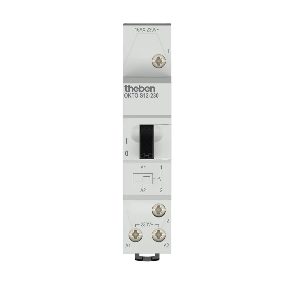 Elektromechanischer Stromstoßschalter von Theben mit einem Kanal und Schließer. Abgebildet ist ein kompaktes Gerät mit Bedienelementen und Anschlussklemmen.
