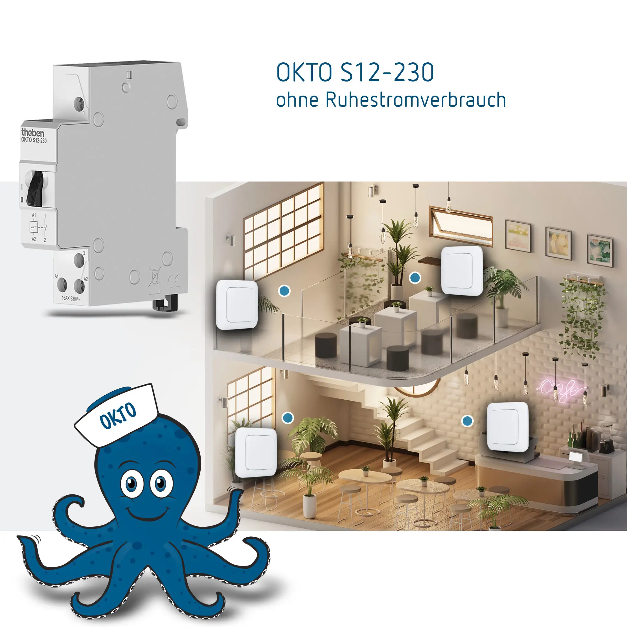 Elektromechanischer Schaltaktor von Theben in grauer Farbe, abgebildet neben einer modernen Innenraumgestaltung mit symbolischen Steuerungselementen und Pflanzen.