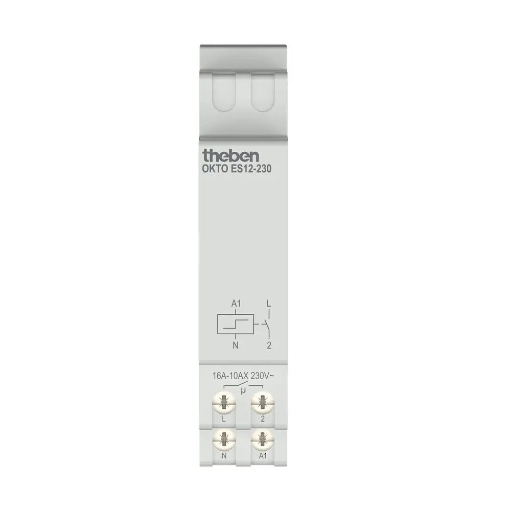 Stromstoßschalter in schlanker Bauform von Theben, mit Anschlüssen und Beschriftungen für L, N, A1 und 2. Design für elektronische Anwendungen.