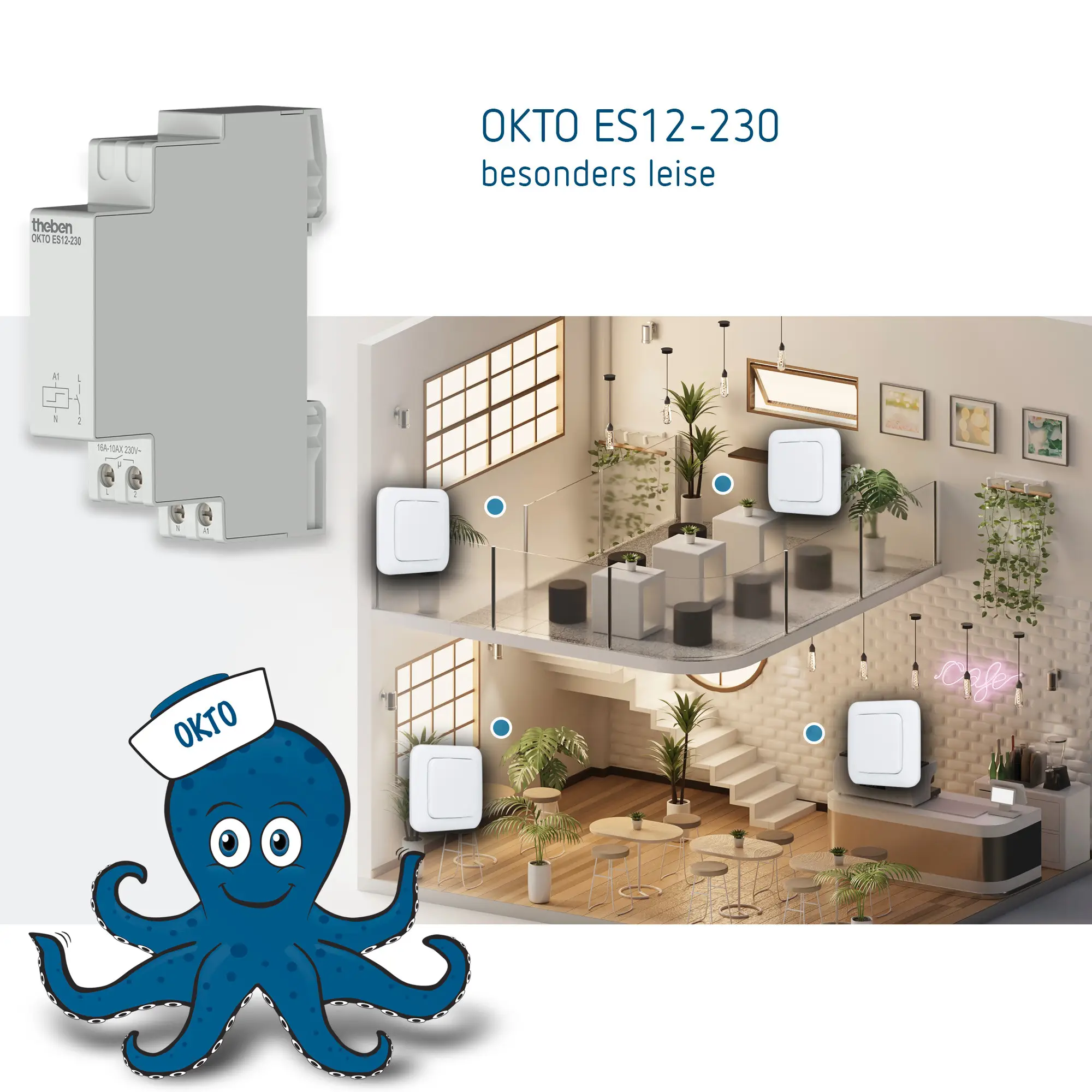 Produktsicht mit einem elektrischen Steuergerät von Theben und einem modernen Innenraum, der mit Pflanzen und Möbeln eingerichtet ist. Steuergeräte sind strategisch platziert.