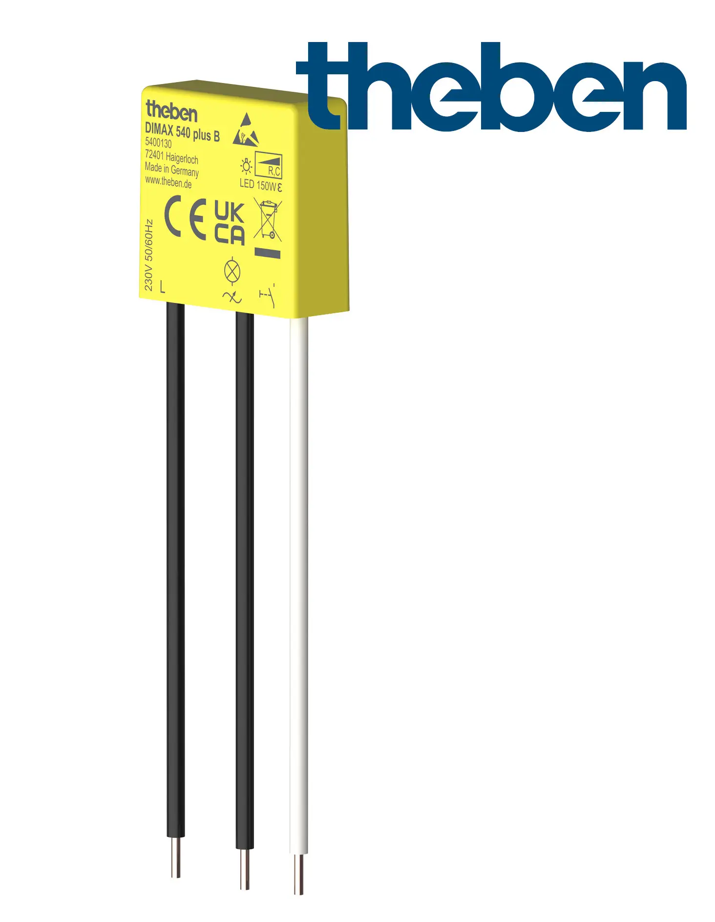 Dimmer von Theben mit zwei Anschlusskabeln (schwarz und weiß), geeignet für LED- und R-/C-Lasten, ohne Neutralleiter. Minimalistisches Design in Gelb.
