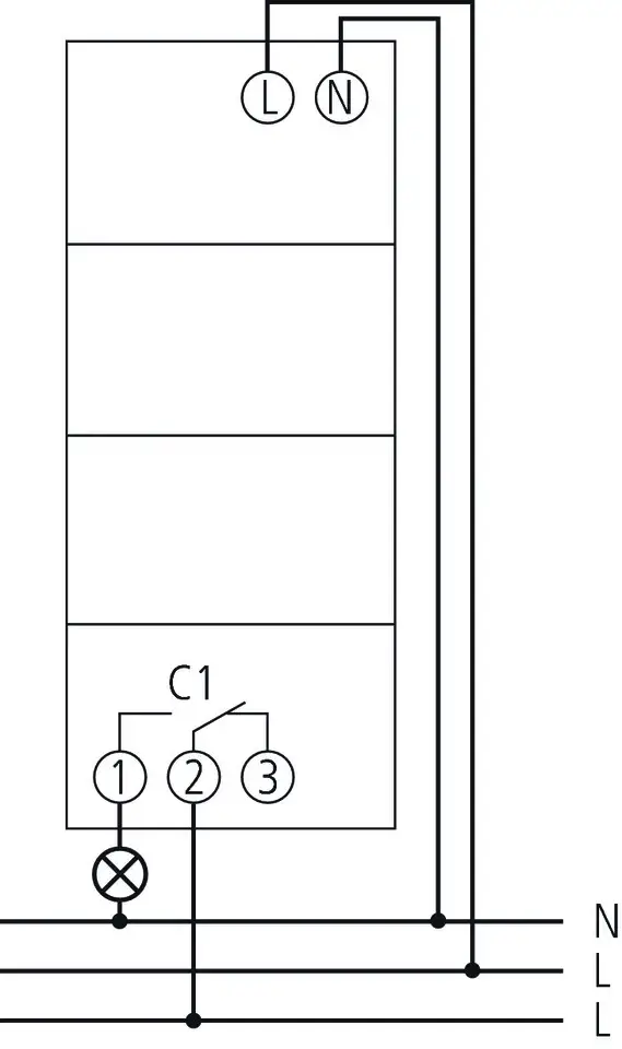 Digitale Zeitschaltuhr von Theben mit Verbindungsklemmen, L- und N-Anschluss, Programmierung über App, für DIN-Schiene, ein Kanal, Wochenprogramm.