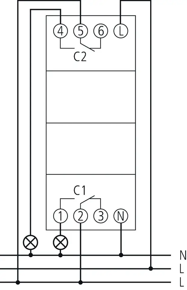 Digitalprogrammierbare Zeitschaltuhr von Theben, montierbar auf DIN-Schiene. Abgebildet ist das Schaltkreismodul mit Anschlüssen für zwei Kanäle und Programmierung.
