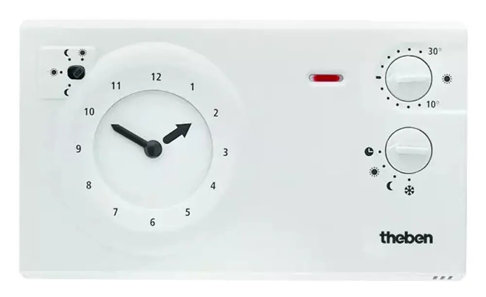 Mechanischer Thermostat von Theben mit analogen Zeit- und Temperatureinstellungen. Zeigeruhren-Design mit zwei Einstellknöpfen für Zeitprogramme. Montierbar an der Wand.