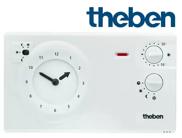 Analoges Thermostat von Theben mit einer Uhr und Drehreglern. Zeigt Temperatur und Programmoptionen. Aufputzmontage möglich.