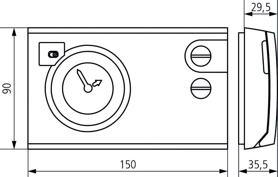 Mechanischer Thermostat mit analogen Anzeige, zwei Bedienelementen und seitlicher Montage. Gehäuse von Theben, geeignet für 230 V.