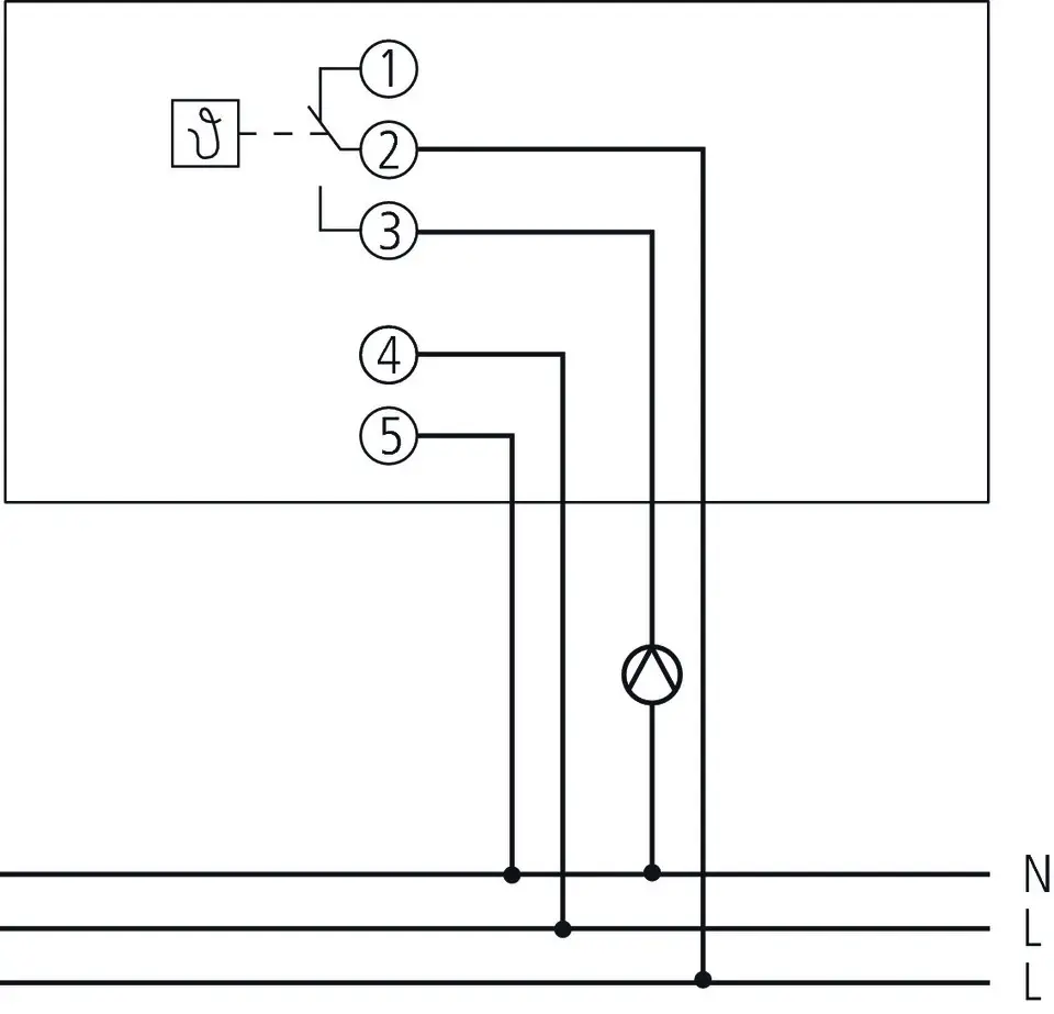 Schaltbild eines mechanischen Thermostats mit mehreren Anschlussmöglichkeiten, das von der Marke Theben stammt. Darstellung der elektrischen Verbindungen für die Funktion.