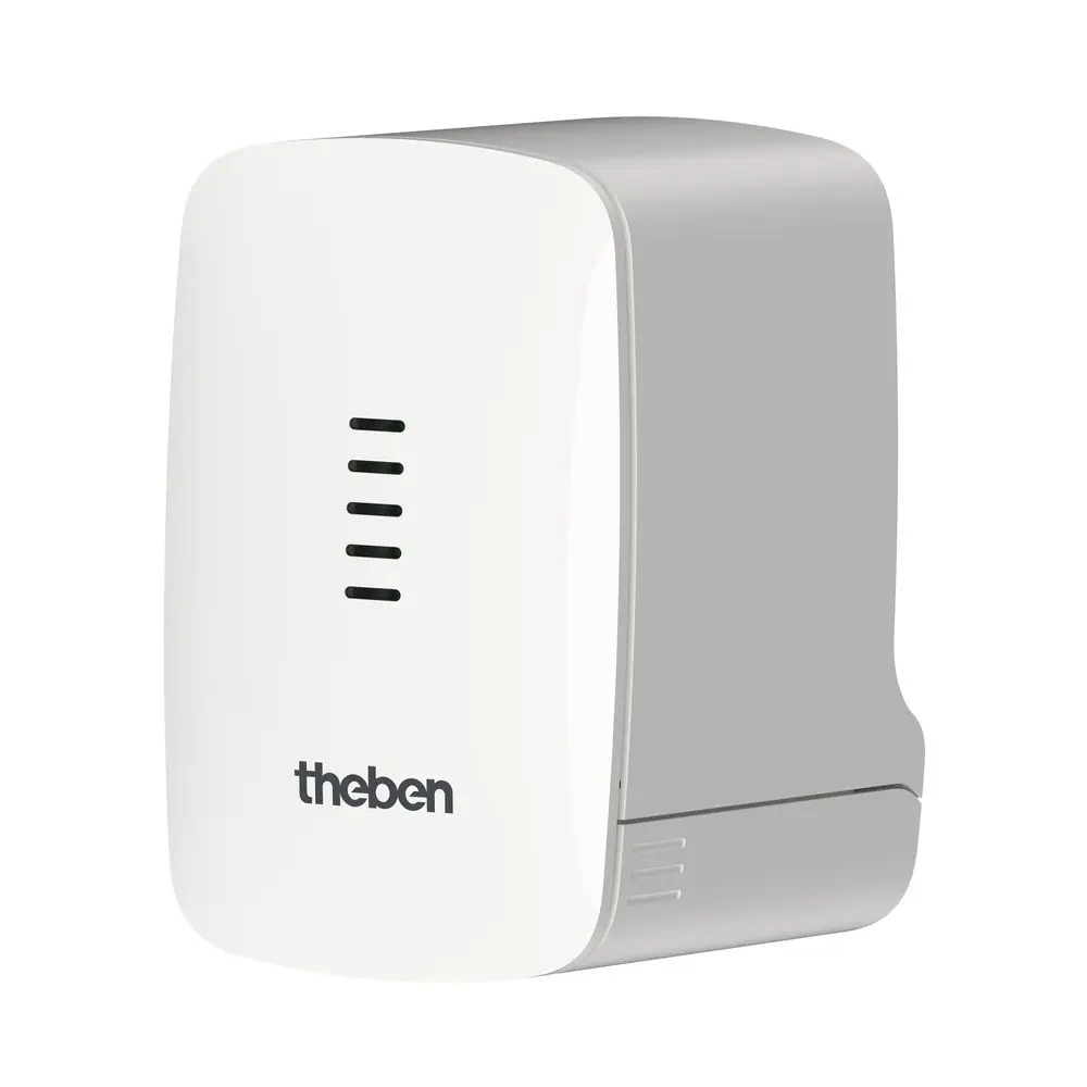 Weißer KNX-Stellantrieb von Theben mit geradlinigem Design und Belüftungsschlitzen, geeignet für Heiz- und Kühlventile.