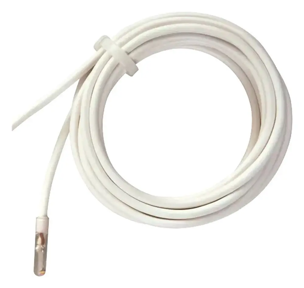 Weißes Kabel, aufgerollt, mit einem Sensor an einem Ende. Typisches Produkt von Theben für die Verwendung im Fußbodenbereich.