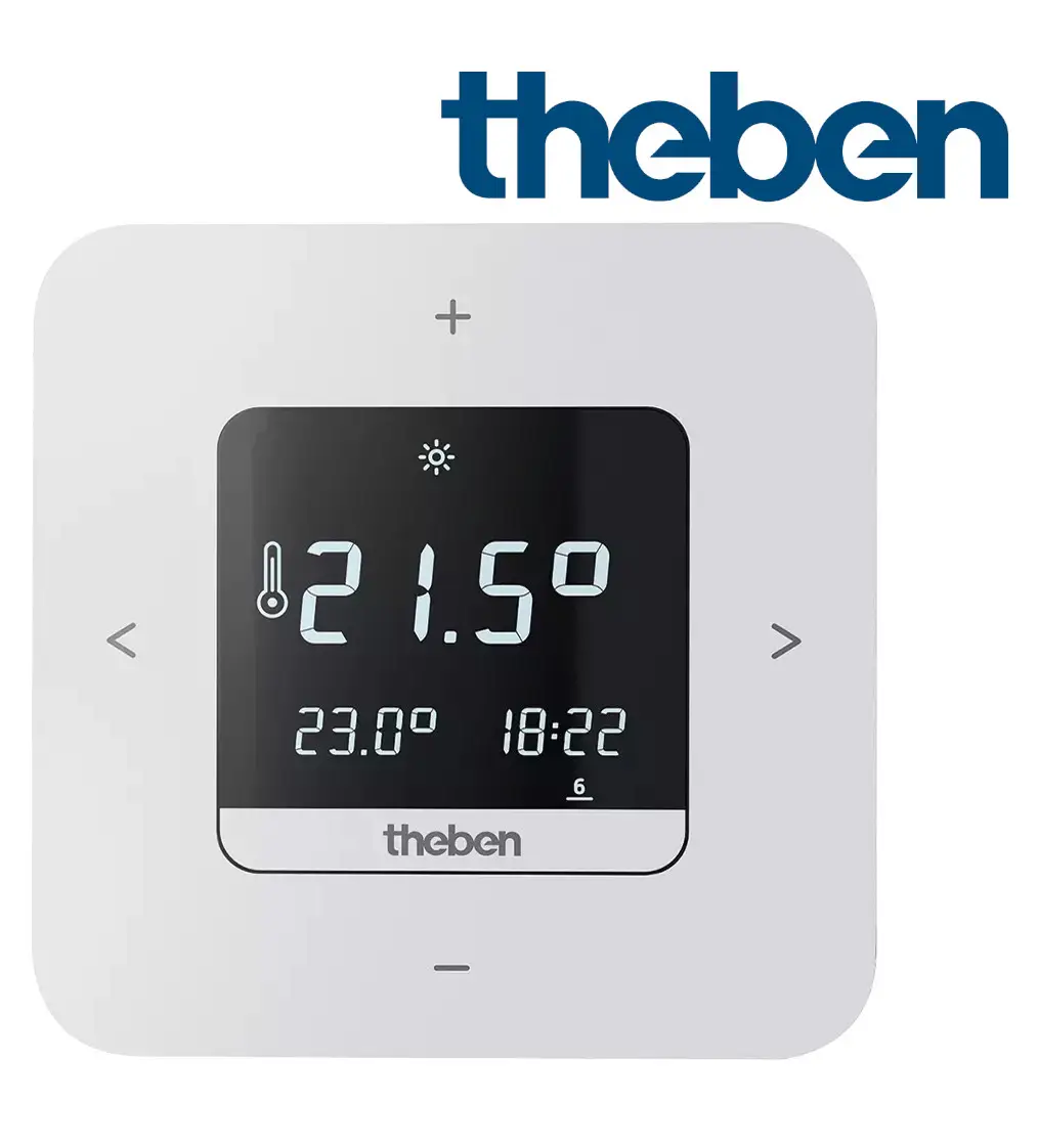 Digitaler Thermostat von Theben mit Display, zeigt aktuelle Temperatur, Zeit und programmierbare Heizwerte, Steuerung über Tasten.