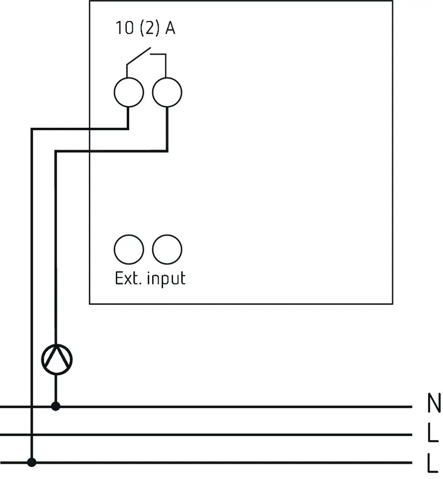 Diagramm eines digitalen Thermostats von Theben mit externem Eingang, Schaltanschlüssen und Sicherheitsmaßnahmen zur Temperaturregelung.