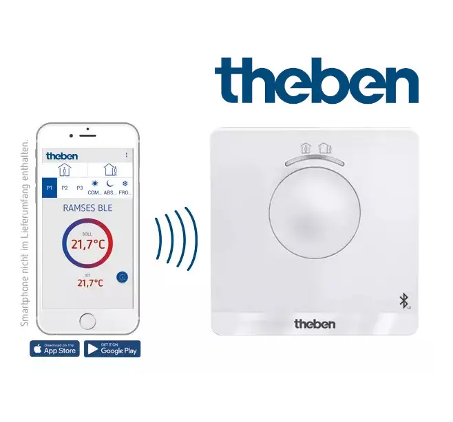 Smartphone-Anwendung von Theben zur Regelung des digitalen Thermostats, das Temperatursensoren anzeigt und kabellos mit dem Gerät kommuniziert.