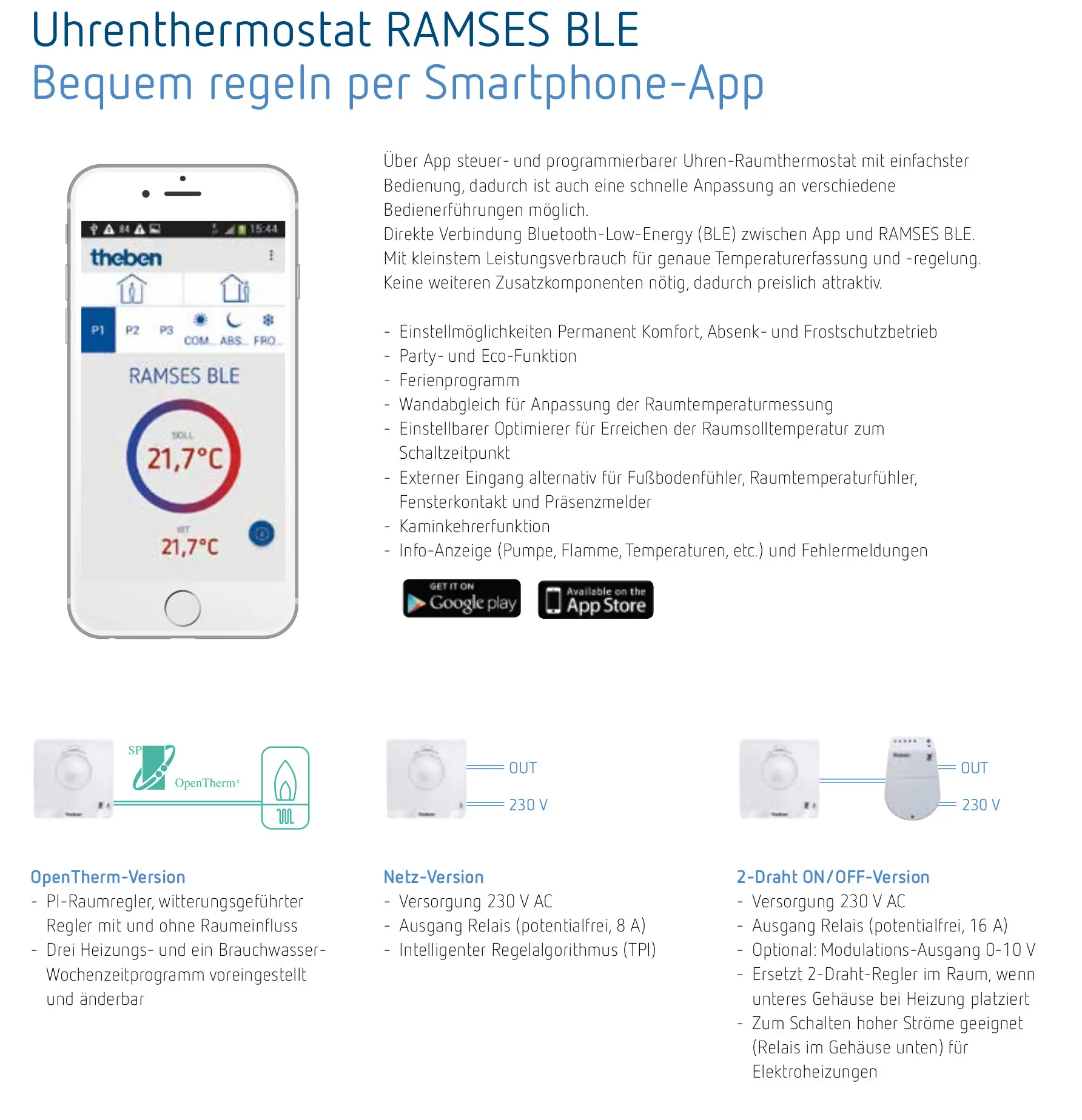 Digitaler Uhrenthermostat von Theben mit App-Steuerung, Bluetooth-Verbindung, programmierbaren Heizfunktionen und externem Eingang für verschiedene Anwendungen.