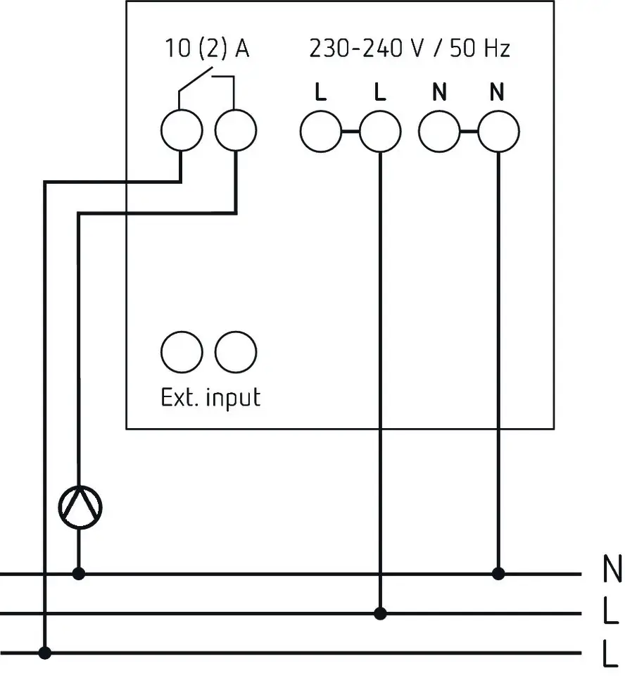 Schaltplan eines Thermostats von Theben, der eine externe Eingangsverbindung und Anschlüsse für 230-240 V, L und N zeigt.