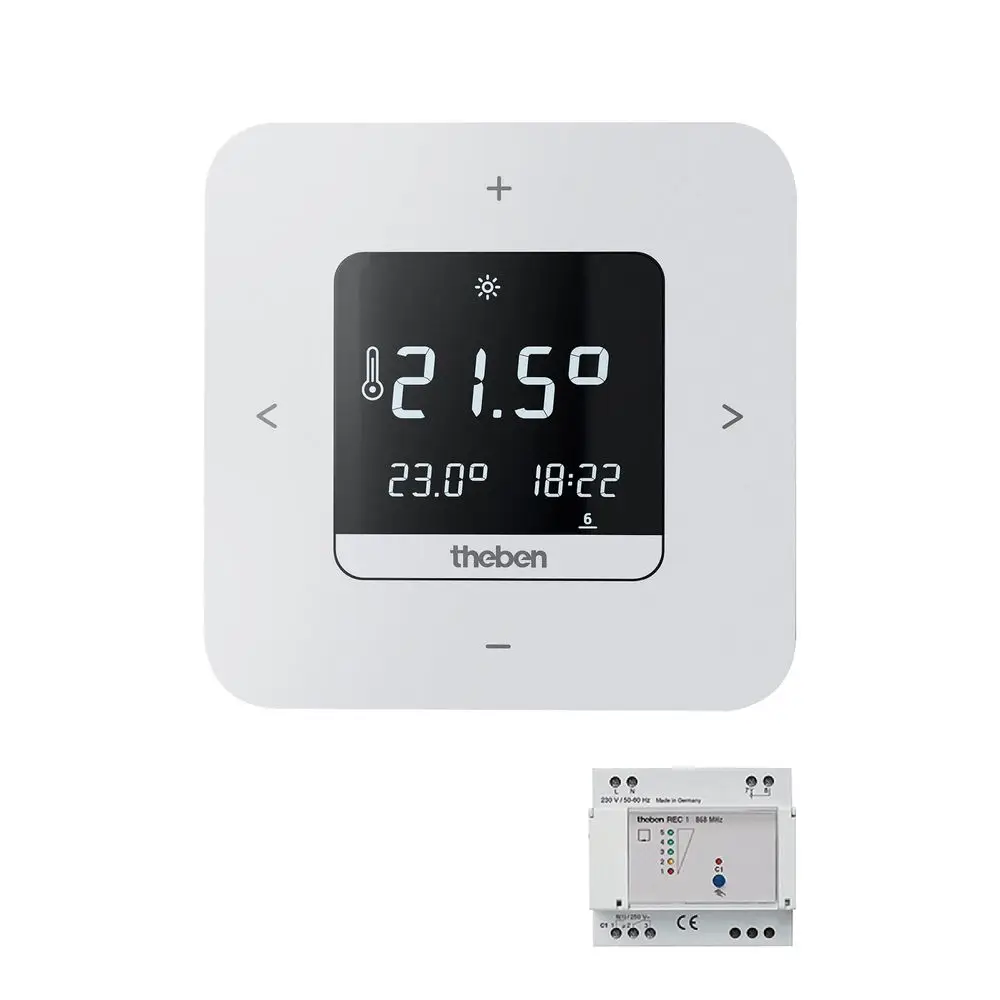 Digitaler Thermostat von Theben mit Temperaturanzeige, Wochenprogramm und App-Funktion. Darunter befindet sich ein REG-Empfänger. Display zeigt aktuelle und Solltemperatur.
