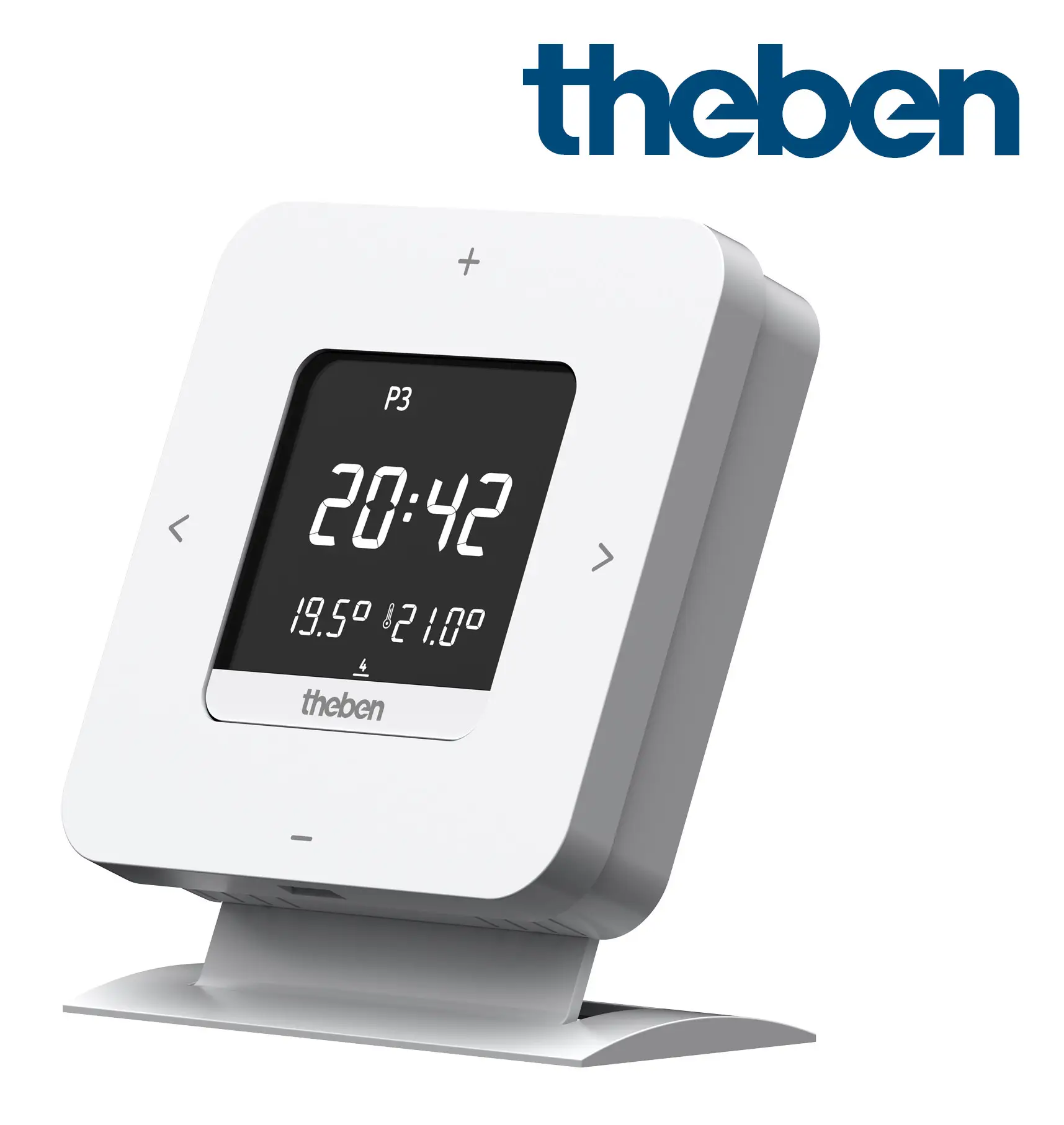 Digitaler Thermostat von Theben mit Display, Uhrzeit und Temperaturanzeige. Steuerung über Tasten und möglicherweise eine App. Montiert auf einem stabilen Standfuß.