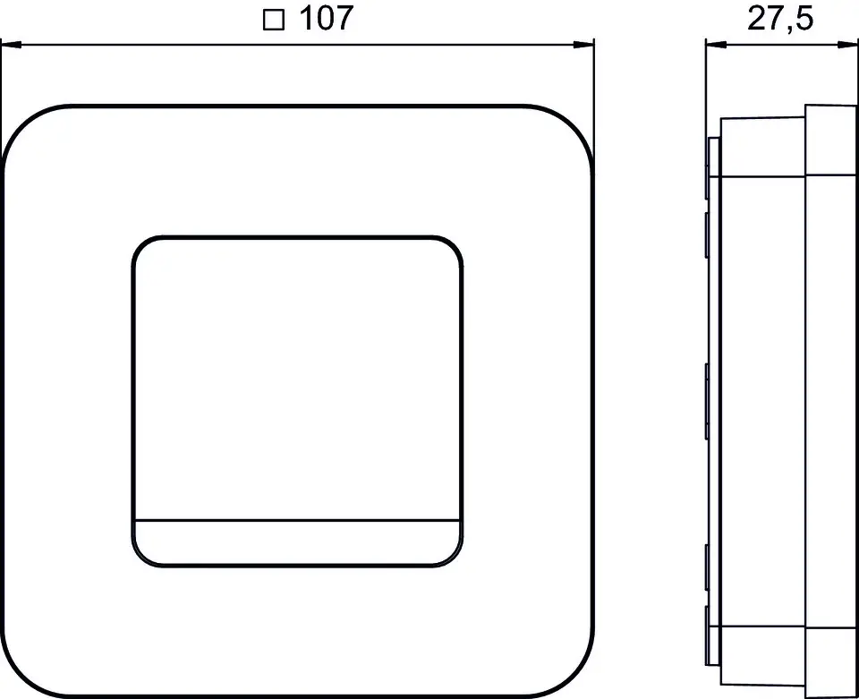 Technisches Diagramm eines Heizthermostats mit quadratischer Form und seitlicher Ansicht. Produktdesign von Theben, zeigt eine klare Linienführung und einfache Bedienbarkeit.