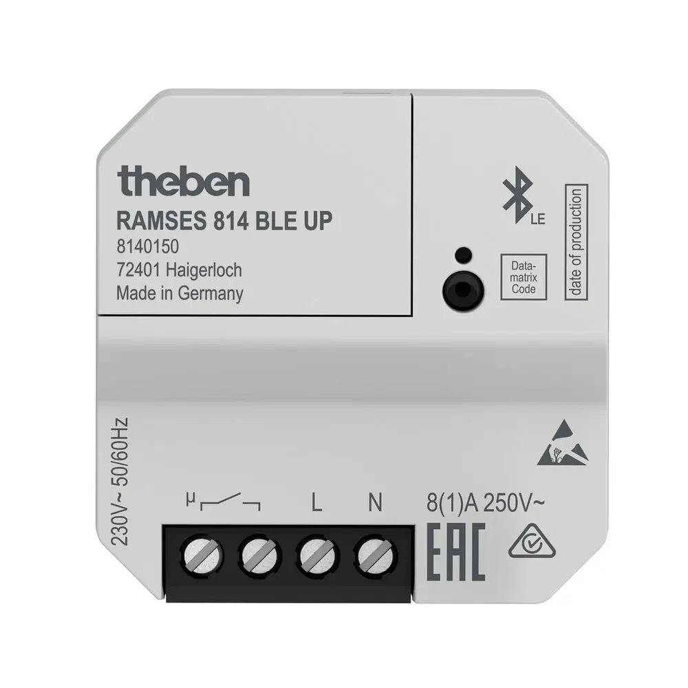 Digitaler Thermostat von Theben mit Bluetooth-Funktionalität. Anschlussmöglichkeiten für hängende Kabel im unteren Bereich, Lieferung aus Deutschland.