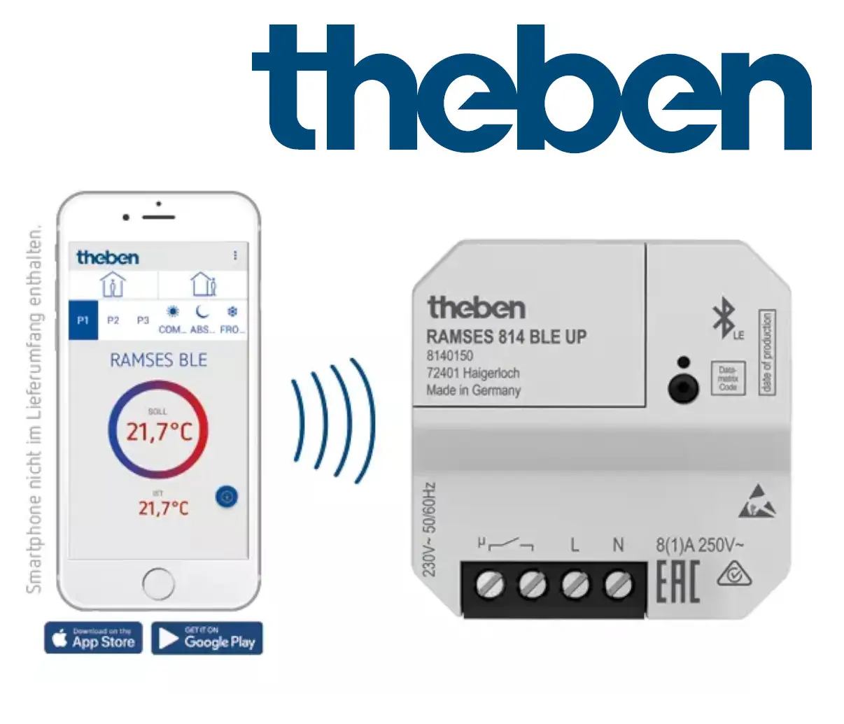 Digitaler Thermostat von Theben mit App-Anbindung und Bluetooth-Funktion. Abbildung zeigt Gerät und Smartphone-Interface zur Temperaturregelung.
