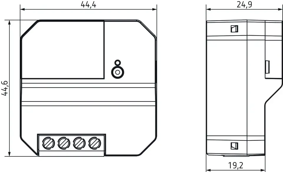 Digitaler Thermostat von Theben, rechteckige Form mit Anschlussmöglichkeiten auf der Unterseite, in einem schlichten Design, dargestellt aus Vorder- und Seitenansicht.