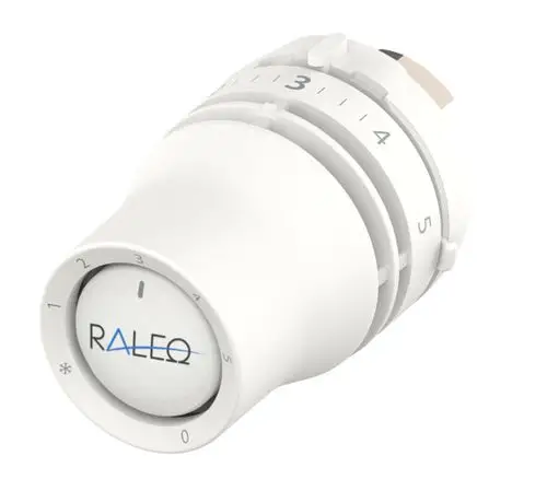 Weißer Thermostatkopf mit einstellbarem Regler und Skala für Temperaturregelung, hergestellt von Danfoss, mit Nullabsperrung und flüssigkeitsgefülltem Mechanismus.