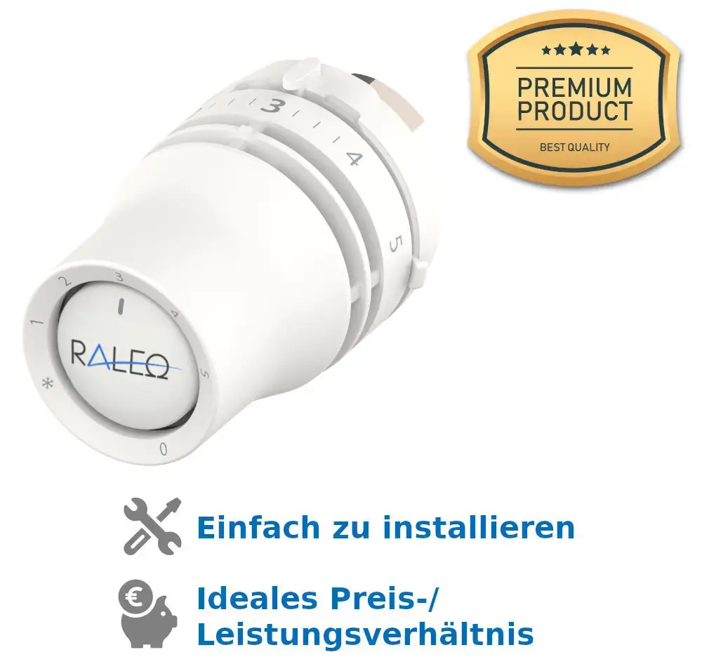 Thermostatkopf in Weiß mit dreistufiger Skala von 0 bis 5 und Nullabsperrung. Geeignet für Heizkörperventile, kompatibel mit Danfoss. Einfache Installation.
