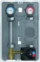 Heizungs-Pumpengruppe mit zwei Druck- und Temperaturmanometern, einem Mischer und einem Stellmotor, montiert auf einer stabilen Basis. Ideal für Heizsysteme.