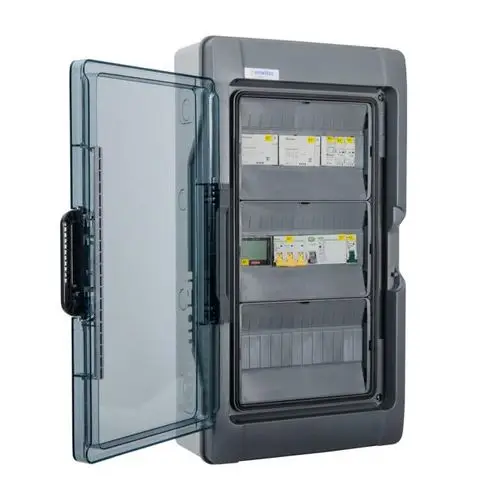 Netzumschaltbox von Enwitec mit transparentem Gehäuse, mehreren Stellplätzen für Schalter und Steuerungselementen, zur elektrischen Stromverteilung.