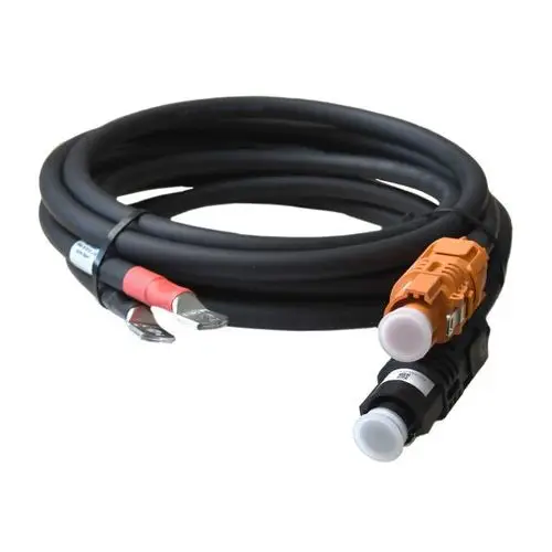 Schwarzes Kabel mit zwei Anschlussenden, einem orangefarbenen Stecker und zwei flachen Kontaktzungen. Hergestellt von HIS.