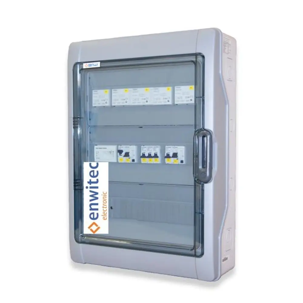 Netzumschaltbox mit transparentem Gehäuse, ausgestattet mit Schaltern und Sicherungen. Marke Enwitec ist deutlich sichtbar auf dem Produkt. Ideal für elektrische Installationen.