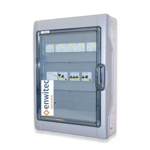 Netzumschaltbox mit transparentem Gehäuse, ausgestattet mit Schaltern und Sicherungen. Marke Enwitec ist deutlich sichtbar auf dem Produkt. Ideal für elektrische Installationen.