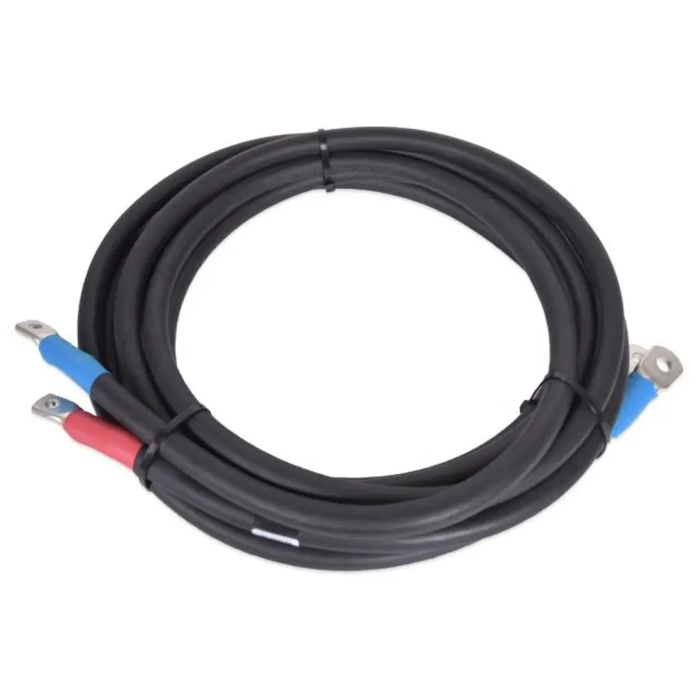 Schwarzes DC-Kabel von HIS mit zwei Anschlussenden in Rot und Blau, gewickelt und mit Kabelbinder gesichert.