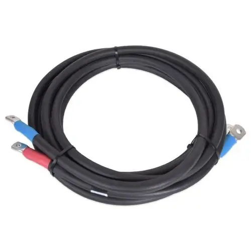 Schwarzes DC-Kabel von HIS mit zwei Anschlussenden in Rot und Blau, gewickelt und mit Kabelbinder gesichert.