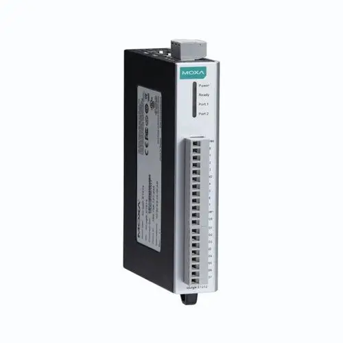 Moxa I/O System mit mehreren Anschlussmöglichkeiten, ausgeführt in einem kompakten Gehäuse. Bietet Schnittstellen für industrielle Anwendungen.