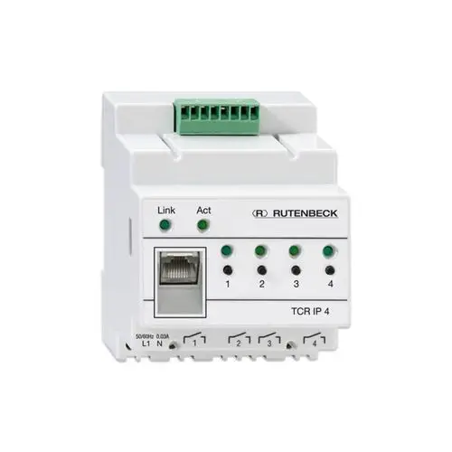 Netzwerkanwendung von Rutenbeck mit mehreren LED-Anzeigen und einem Ethernet-Anschluss. Anschlüsse zur Erweiterung oder Integration in ein System sind ebenfalls sichtbar.