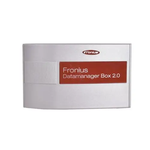 Fronius Datamanager Box 2.0 in Silber, rechteckige Form mit rotem Aufkleber. Gerät zur Datenerfassung, geeignet zur Wandmontage.
